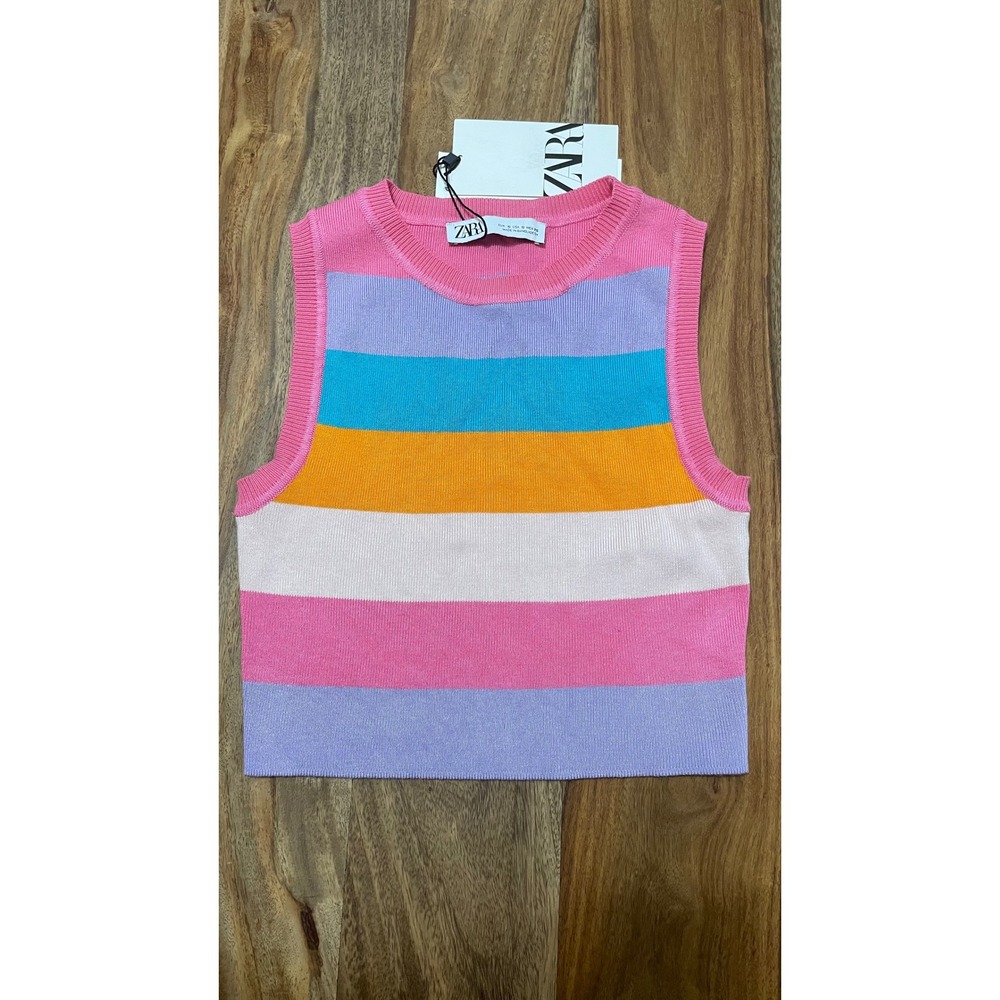 ZARA Striped Knit Sleeveless Sweater  Crop Top Pink Lavender Blue‎ Orange sz S